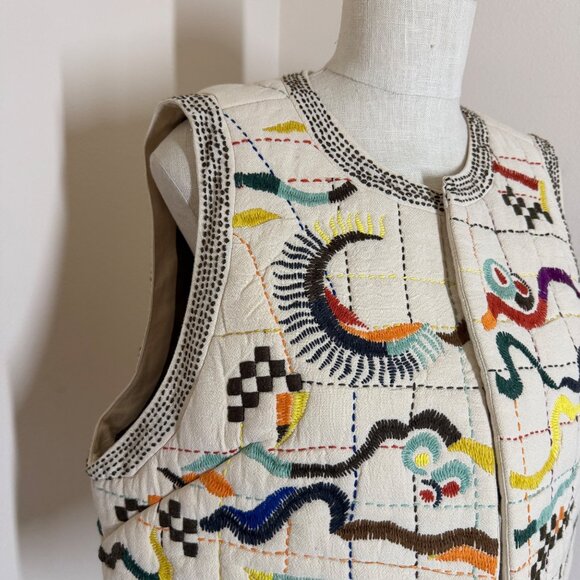 Toast Hand Embroidered Abstract Gilet Vest Womens Size XL Artisan Cotton Muslin - Picture 4 of 15